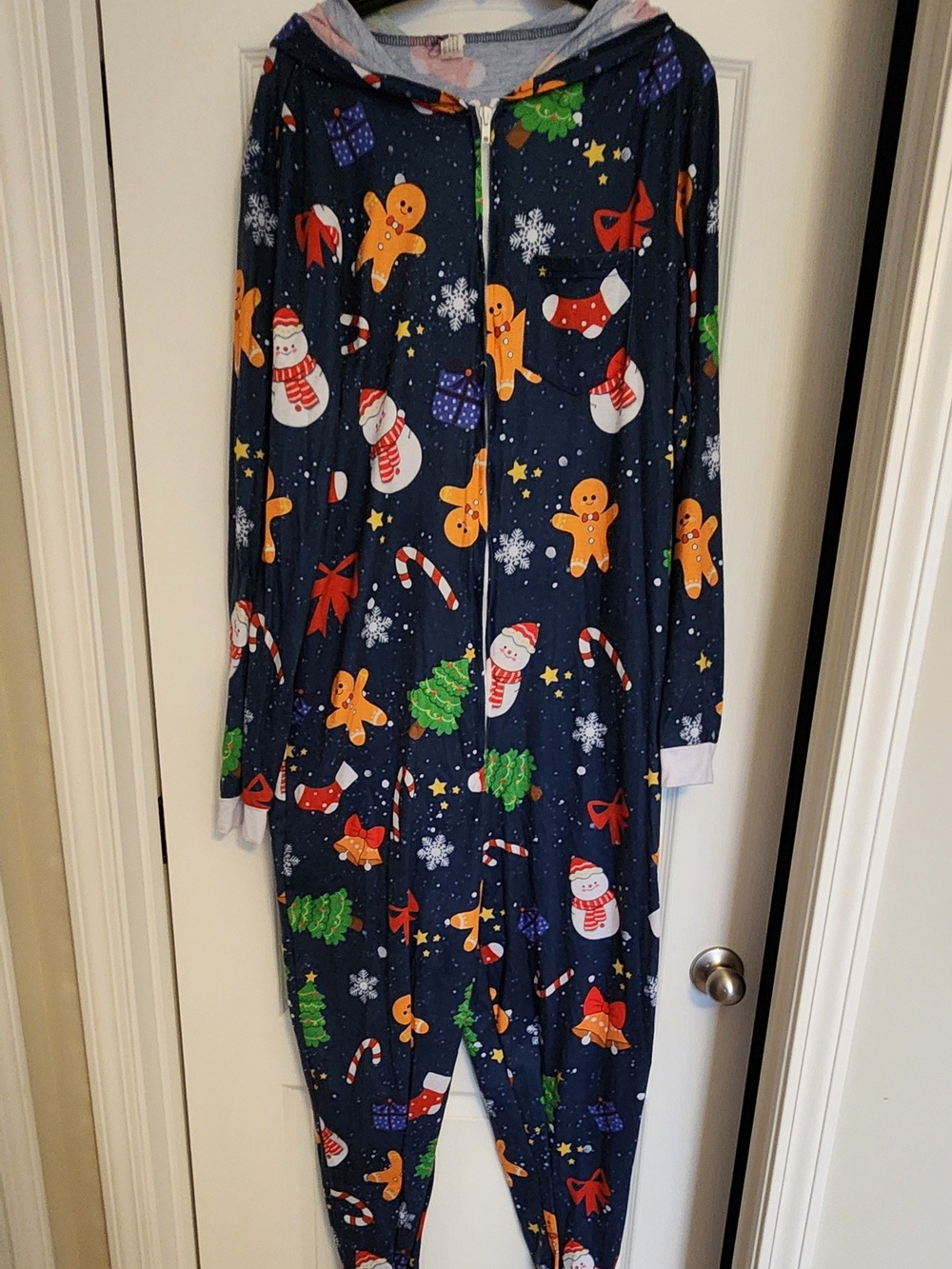 Men's Navy Holiday Onesie Pajamas with Gingerbread & Snowman Print w/ Hood